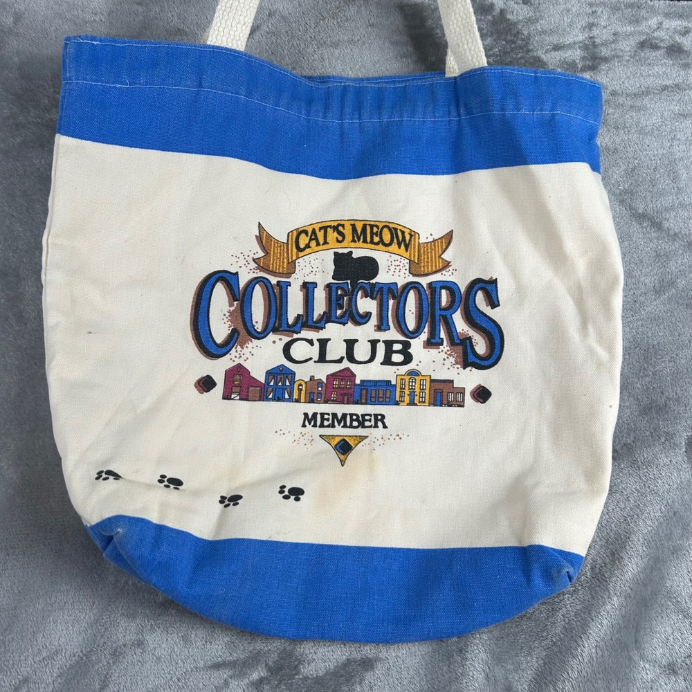 Cats Meow Village‎ Collectors Club Member Canvas Tote Bag Blue Cream Vintage